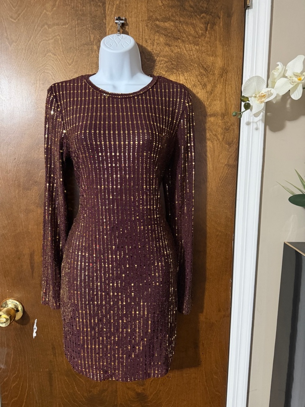 B Darlin Burgundy Long-Sleeve Gold-Accent Bodycon Dress